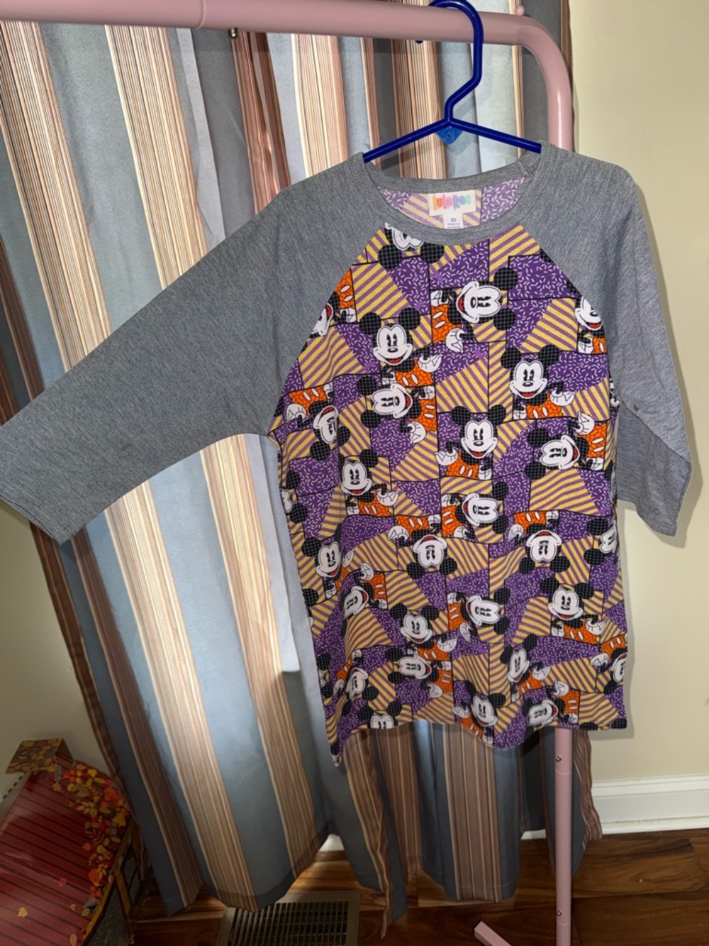 LuLaRoe Sloan Raglan Tee with Purple, Orange & Black Mickey Print Girls Size 10